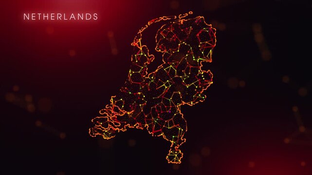 A dynamic motion video showcasing the Netherlands country border through a colorful plexus reveal. Glowing red and orange dots represent high-tech data communication and global digital networks.