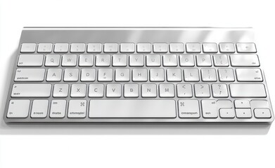 slim silver wireless keyboard with white chiclet keys on a white background, low-profile aluminum frame and reflective finish, minimalist modern design conveying calm efficiency