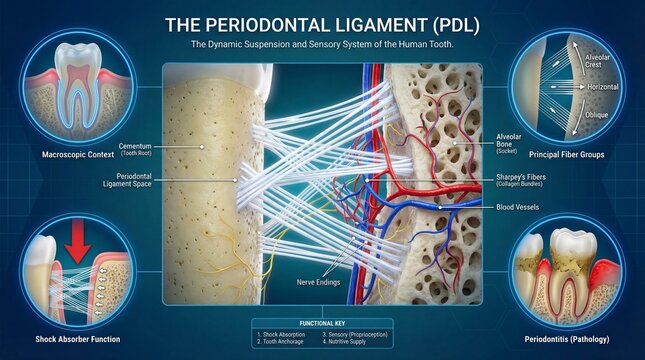 Detailed Infographic Illustrating the Periodontal Ligament System and Its Function in Tooth Suspension and Sensory Perception