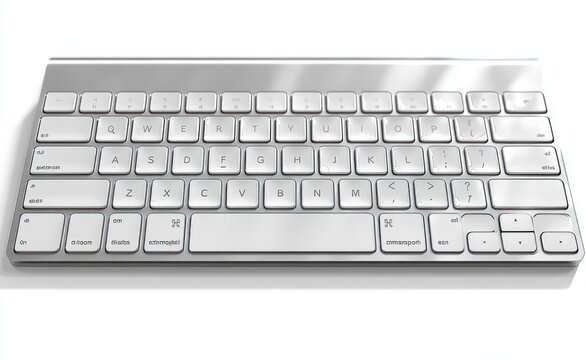 slim silver wireless keyboard with white chiclet keys on a white background, low-profile aluminum frame and reflective finish, minimalist modern design conveying calm efficiency