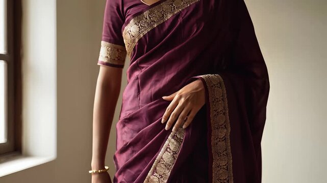 Elegant Indian Woman Adjusting Traditional Saree Clothing