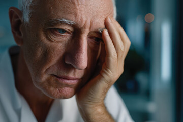 Fototapeta premium A senior male doctor appears introspective as he rests his hand on his forehead, showing the emotional toll of his profession and deep commitment to patient care.