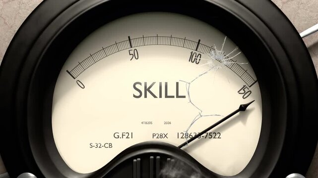 Skill meter showing big levels of skill. Dangerously increasing high values of skill, critical overload. Too much, off the charts. Max skill