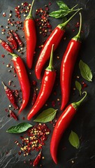 glossy red chili peppers with scattered crushed flakes and fresh green leaves on a dark textured slate, vibrant and fiery evoking bold spicy heat