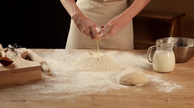 Female baker hands breaking a fresh egg into a heap of flour on a rustic wooden table. Close-up view of the dough-making process