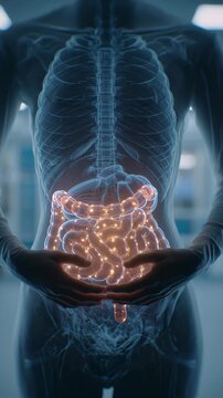 3D visualization of human digestive system highlighting intestines within the torso.