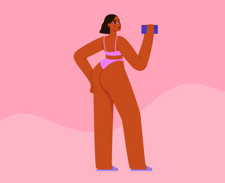 Beautiful women on the beach in swimsuit, healthy body. Flat vector illustration.