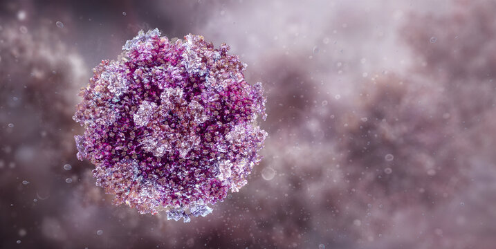 Human Bocavirus particle showing icosahedral protein capsid for medical research. HBoV is a known cause of lower respiratory tract infections, gastroenteritis. Virology, clinical pathology, virus 3D
