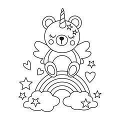 Obraz premium Cute Magic Bear Sitting On A Rainbow Over Clouds