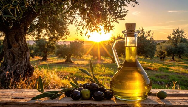 Olives and olive oil in a bottle. Olives and olive oil in a bottle on the background of the evening olive grove