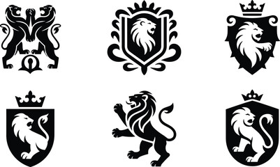 Fototapeta premium “Heraldic lion crest logo set isolated on white background, royal shield emblem vector illustration for luxury branding design”