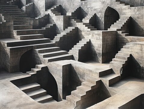Endless stone staircases and archways forming a disorienting geometric labyrinth with deep shadows and a cold, eerie atmosphere