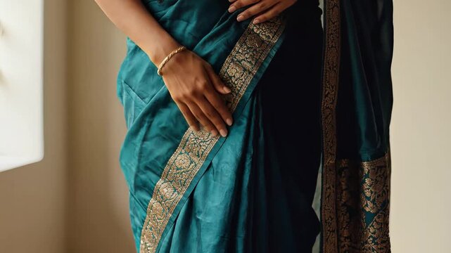 Indian woman in traditional blue saree with gold border