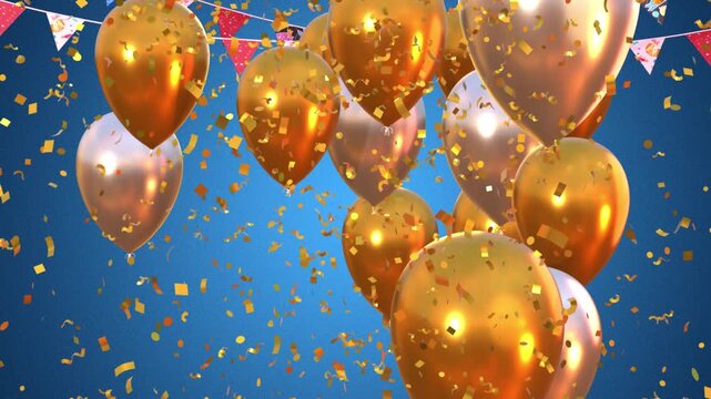 Happy birthday congratulation video with golden and white balloons flying up and confetti falling down. Anniversary celebration animation