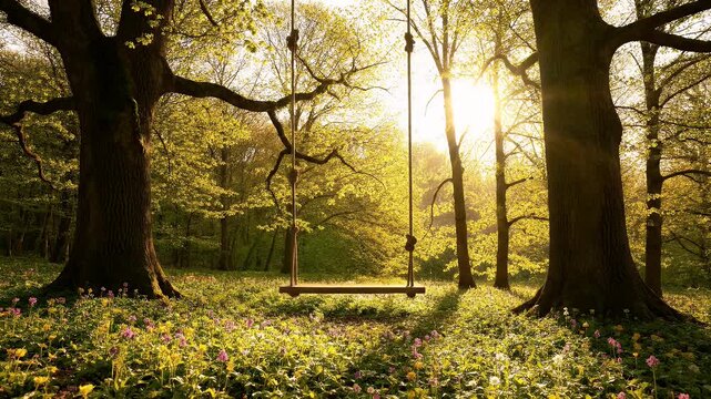 A peaceful forest scene features a solitary swing suspended between two large trees. Sunlight filters through the trees, illuminating the ground covered in wildflowers.