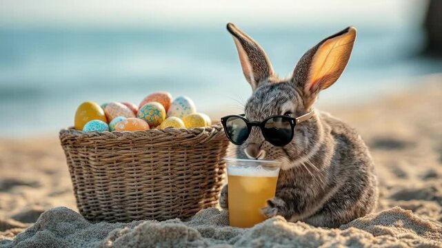 Cool bunny enjoying juice beside colorful easter egg basket on beach. Easter, Pascha, Paskha, Ostern, Pascua, Paques - Orthodox and Catholic Holiday celebration