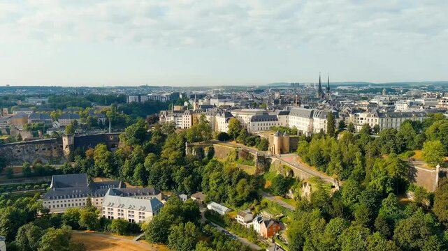 Luxembourg City, Luxembourg. Panoramic view of the historical part of Luxembourg city. The city is located in a deep valley of two rivers - Alzette and Petrus. Drone footage