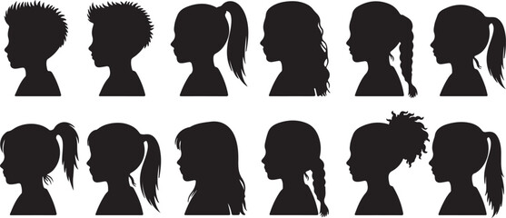 Isolated Vector Collection of Diverse Children Head Silhouettes in Profile isolated PNG with Transparent Background