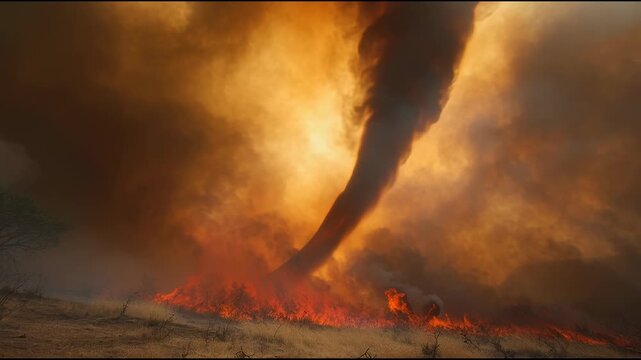 A firestorm rises above the burning ground. Dramatic footage of a natural disaster, flames and smoke at sunset. Visualization of extreme weather conditions.