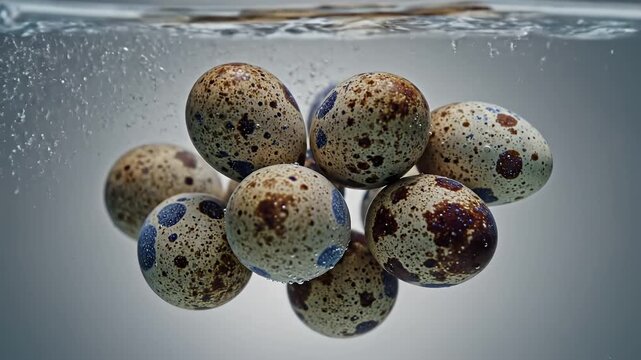 Group of Quail Eggs Dropping into Clear Water Creating Bubbles and Ripples Underwater Closeup Shot.