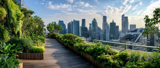 Fototapeta premium Urban Cityscape with Sustainable Rooftop Garden: Modern Architecture Skyline and Scenic Views