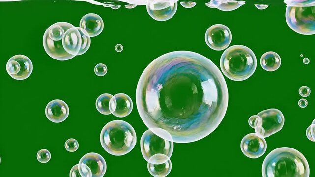 Numerous transparent soap bubbles floating and shimmering against a vibrant green background creating a playful and whimsical atmosphere.