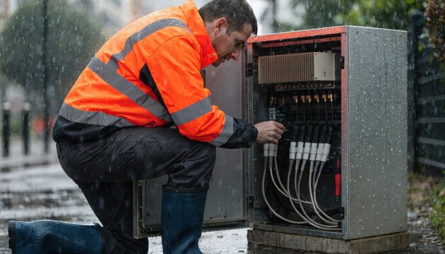 Technician examining a neighborhood HFC cabinet amplifier with blurred background to highlight detailed fibercoax maintenance work.