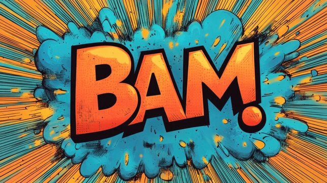 bold comic book bam lettering over a blue ink explosion and orange radial burst with halftone texture and dynamic motion lines conveying energetic playful impact