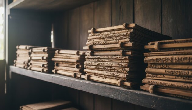Stacks of Traditional Indonesian Lontar Palm Leaf Manuscripts Filled with Ancient Script on Wooden Shelves