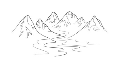 Black and white line of a winding river flowing through a mountain range