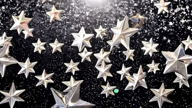 Falling Silver Stars with Glitter Dust. Elegant 3D silver stars tumbling down against a sparkling black background with bokeh.