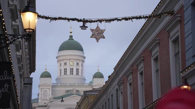 View of buildings and Helsinki Cathedral at Christmas, Helsinki, Finland