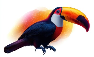 Fototapeta premium vibrant toucan with orange-red beak, glossy dark plumage, white throat and red chest perched with claws against a warm orange watercolor splash, lively and majestic