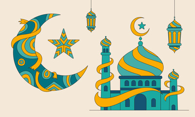 A colorful vector illustration of a Turkish mosque with a clean design style, a bright sky for travel and holiday themes