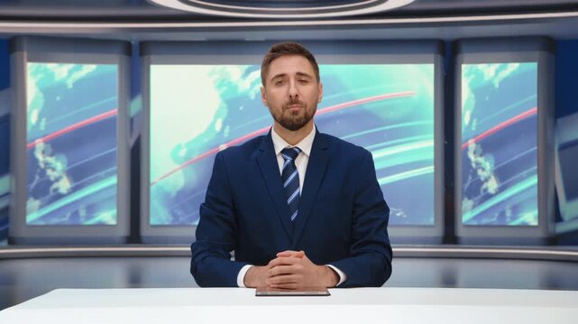 TV Live News Program: White Male Presenter Reporting, Talking Charismsmatically, Discussing Daily Events. Television Cable Channel Anchor Talks Politics, Science. Playback Newsroom Studio