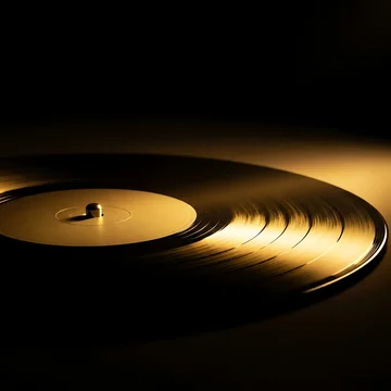 Close-up of a vinyl record with warm, dramatic lighting, highlighting its grooves and reflective surface in a dark setting.
