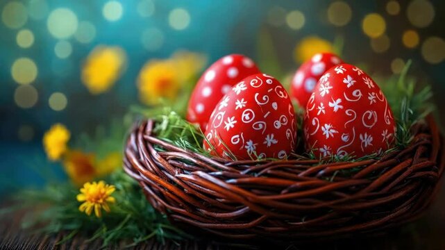 Decorative red easter eggs in wicker basket with spring flowers. Easter, Pascha, Paskha, Ostern, Pascua, Paques - Orthodox and Catholic Holiday celebration