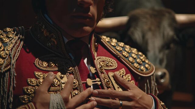 Close-up of a person wearing an ornate military uniform with detailed gold embroidery.