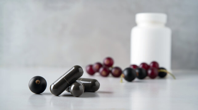 Black Currant Capsules And Bottle On Marble Surface, Blurred Berries In Background, Glossy Dark Capsules Scattered Near White Supplement Container, Clinical Minimal Lighting, Antioxidant Extract