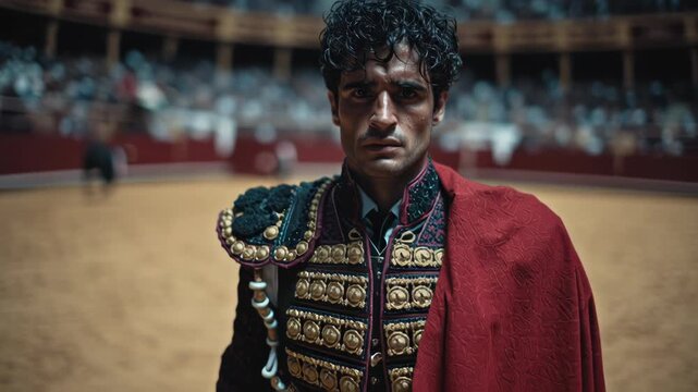 Portrait of a young male bullfighter dressed in traditional ornate costume in a bullring.