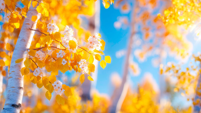Luminous Golden Yellow Autumn Leaves on White Aspen Trees in Forest