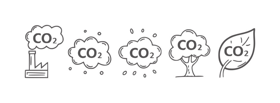Simple black and white line of C O2 emissions and absorption carbon dioxide