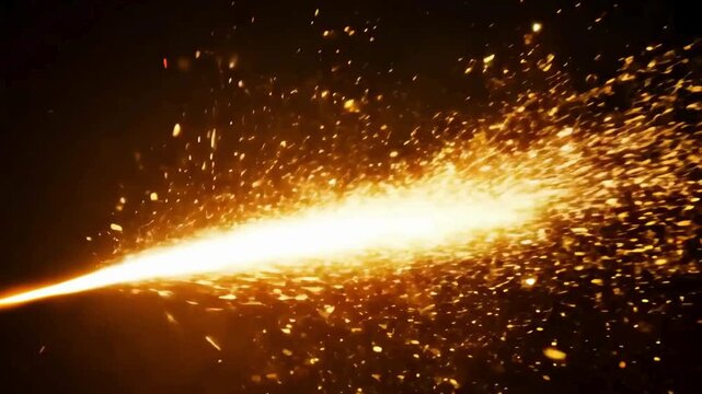 Industrial Welding Orange Fire Sparks. A stream of bright orange sparks spraying from the side on a dark background.