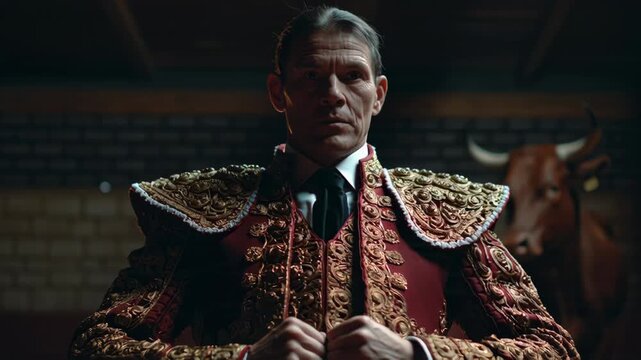 Portrait of a serious matador in traditional bullfighting costume indoors.