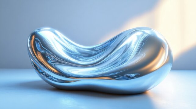 smooth reflective chrome bean-shaped sculpture on minimalist surface with cool blue tones and warm highlights, evoking serene futuristic elegance