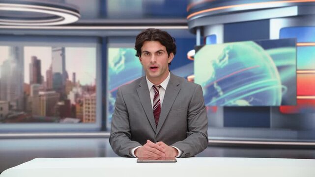 Live News Program: Male Anchor Presenter Reporting on Everyday Affairs. Television Cable Channel Anchorman Host Talks. Lower Third Ticker. TV Network Broadcast Newsroom Studio Mockup Playback
