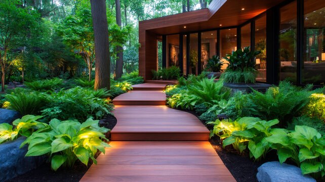Modern Outdoor Living Space with Ipe Hardwood Decking and Fern Understory Lighting