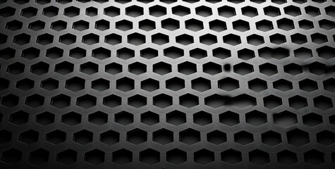 dark metallic honeycomb grille with hexagonal perforations and textured surface, dramatic top lighting and deep shadows creating a sleek futuristic industrial mood