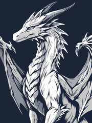 Obraz premium Majestic white dragon with large wings in profile flat vector illustration