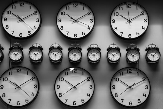 Multiple Wall Clocks Showing Different Times &ndash; Concept of Time Zones and Deadlines